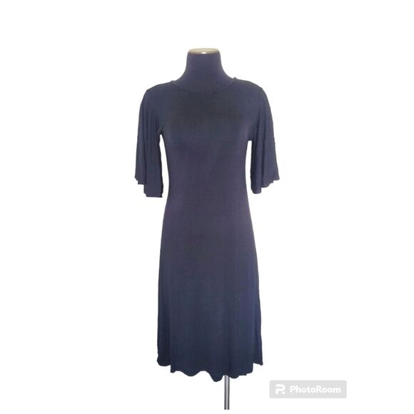 2Hearts Jersey Knit Dress Bell Sleeves Full Skirt Black Midi Soft Casual Medium - Picture 1 of 10